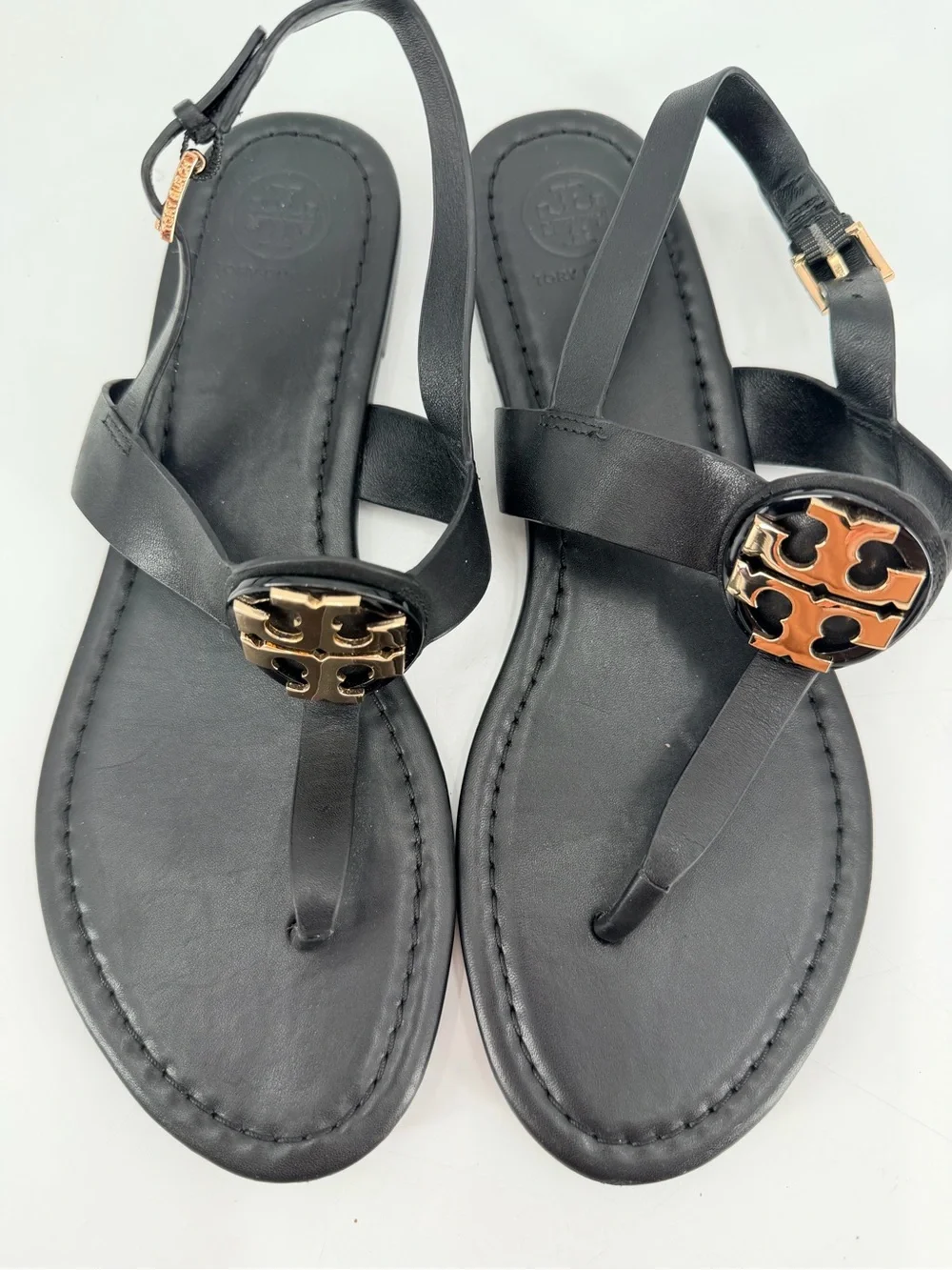 Tory Burch Black Leather Bryce Thong Logo Sandals 8